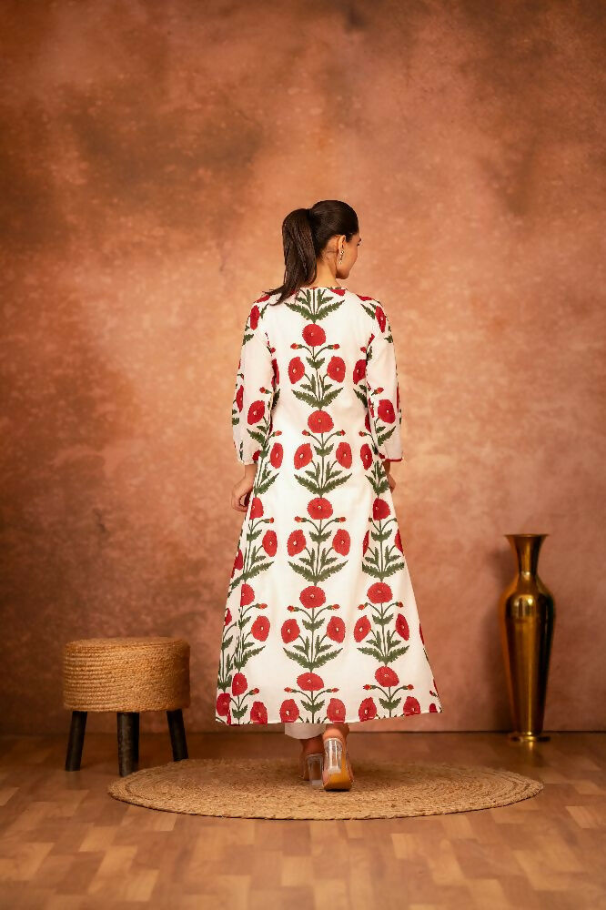 Red Rose Floral Hand Block Printed Cotton Kurta Pant Set