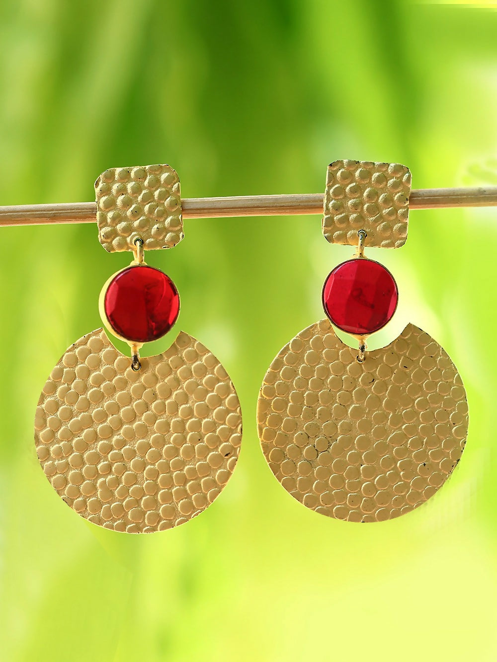 Red and Gold Round Shape Matte Gold Brass Earrings