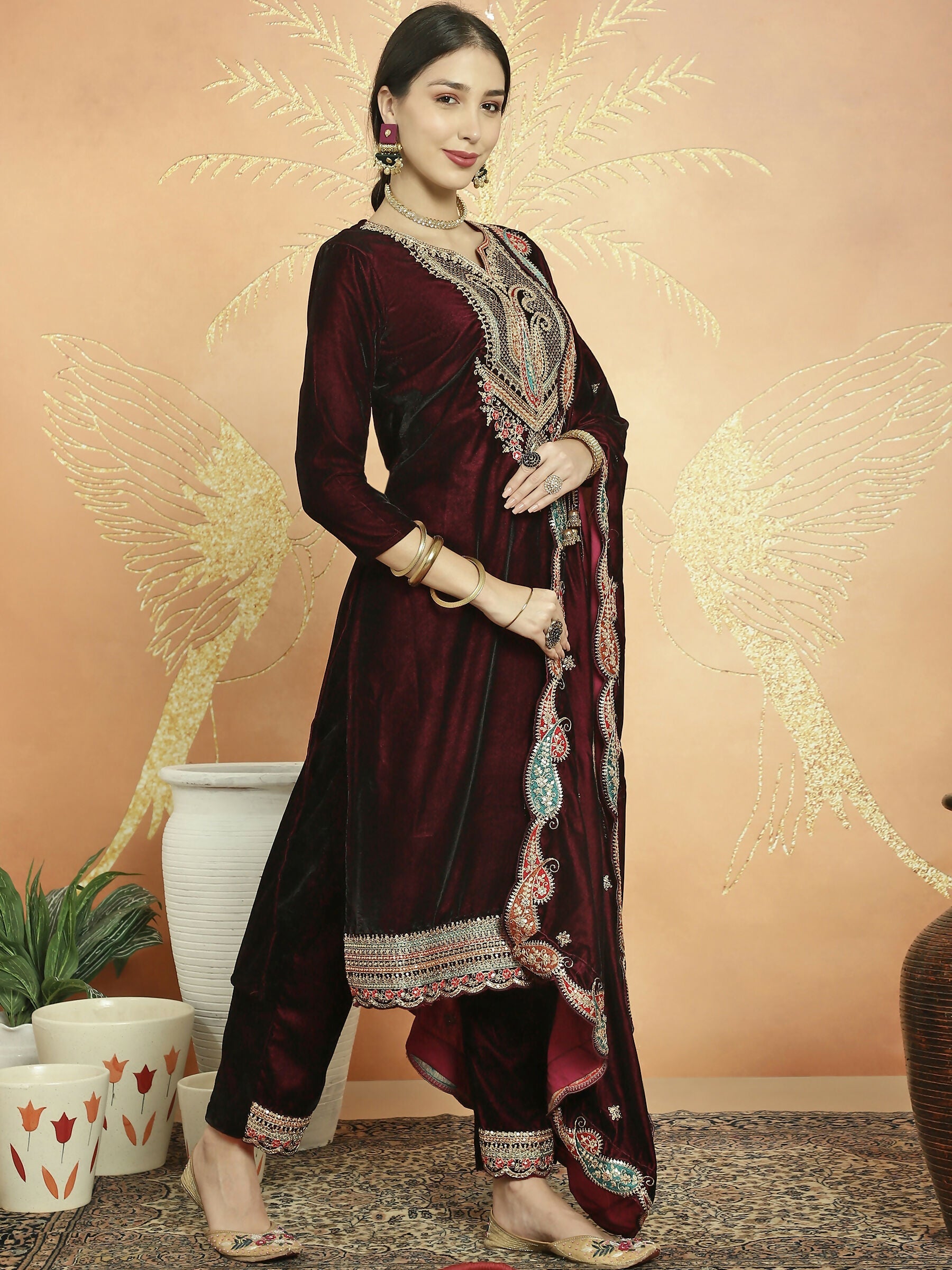Maroon Velvet Straight Kurta Set with Cording, Resham & Sequin