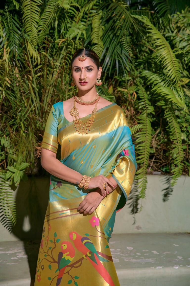 Firozi Paithani Silk Saree with Gold Zari Woven Finish