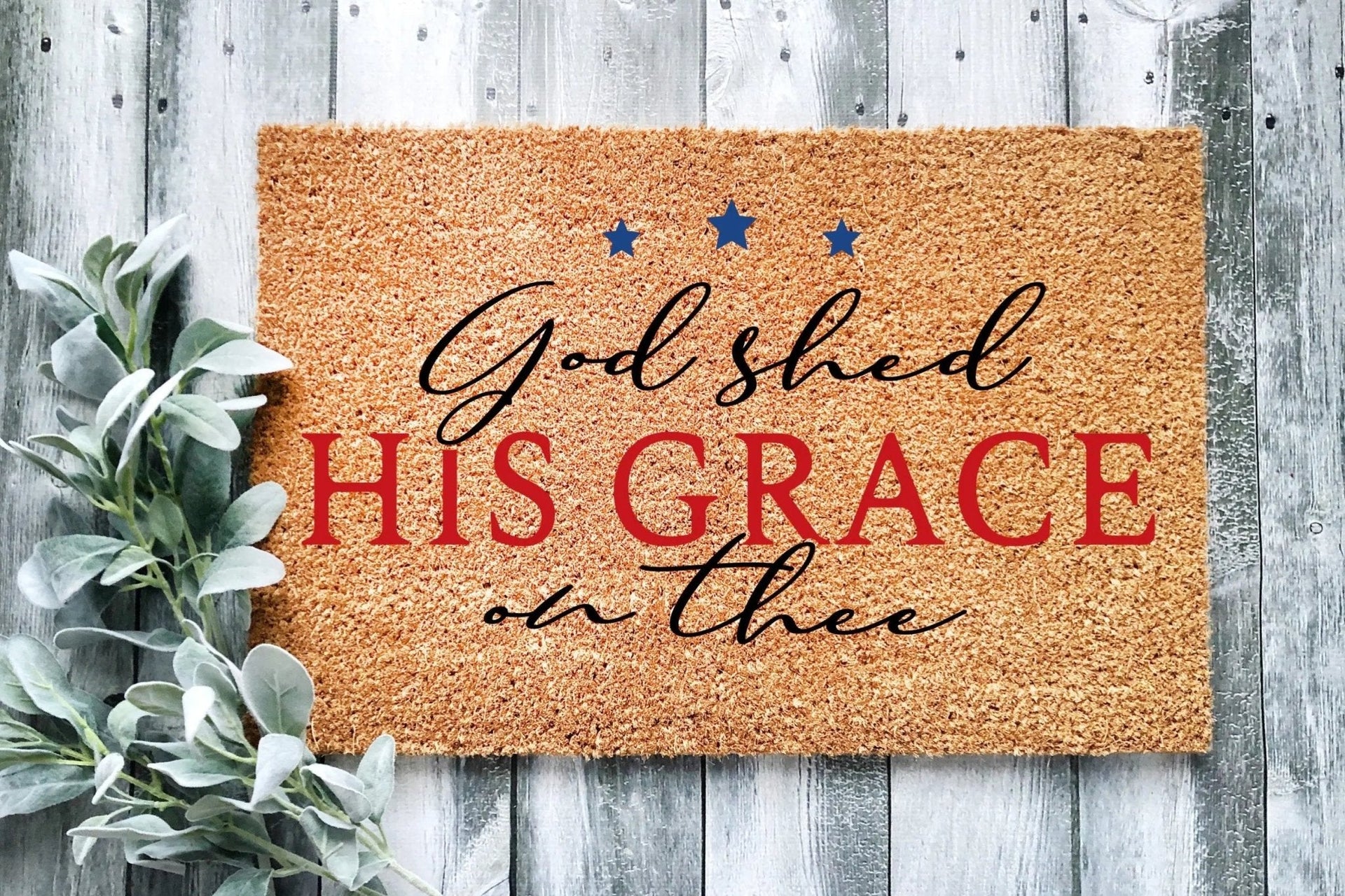 God Shed His Grace On Thee Patriotic Rustic Entryway Doormat