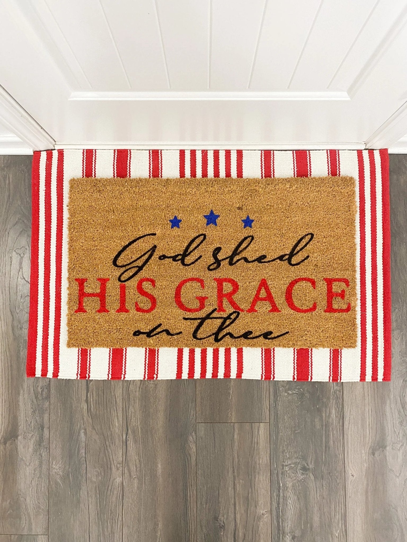 God Shed His Grace On Thee Patriotic Rustic Entryway Doormat