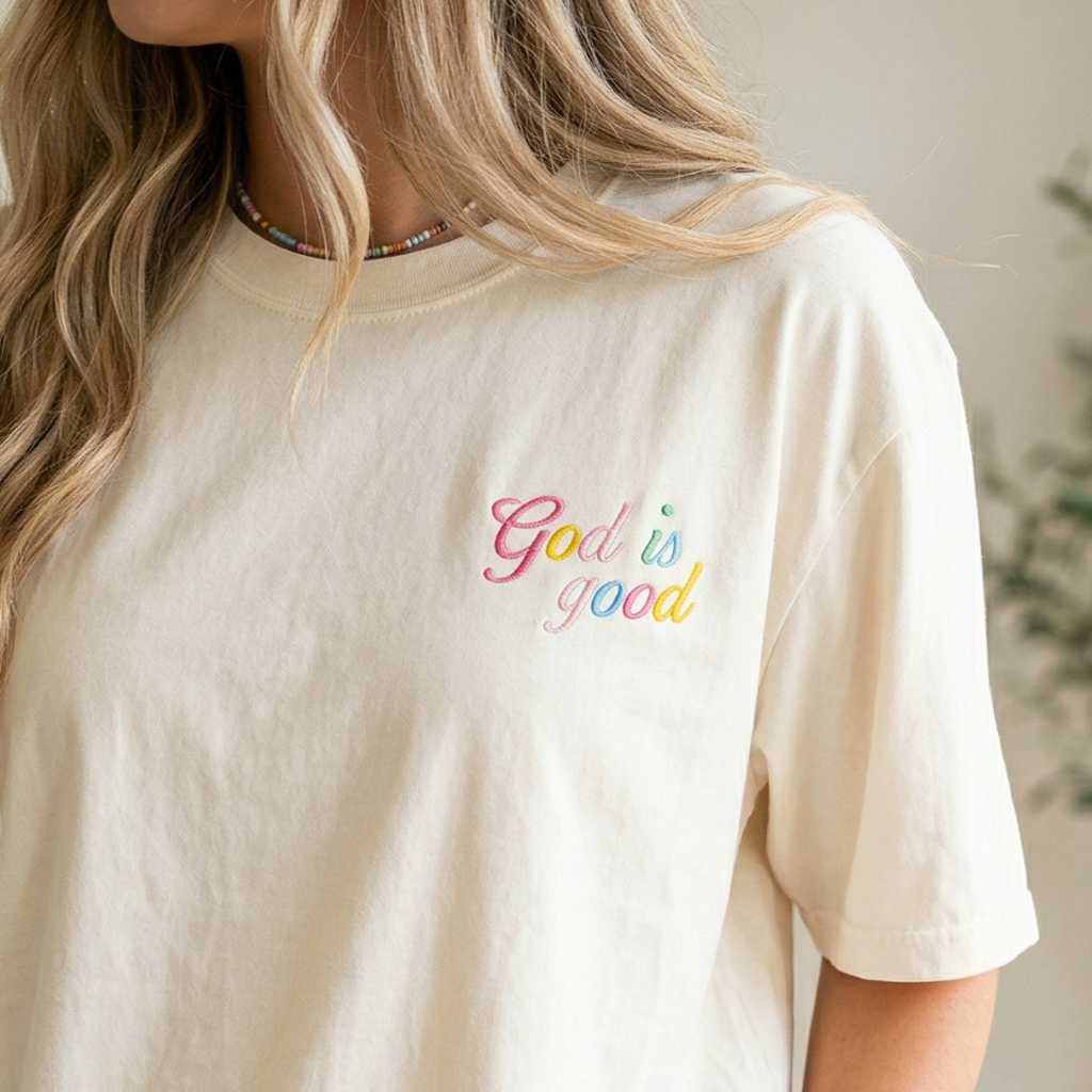 Rainbow God Is Good Embroidered Christian Comfort Colors Tee