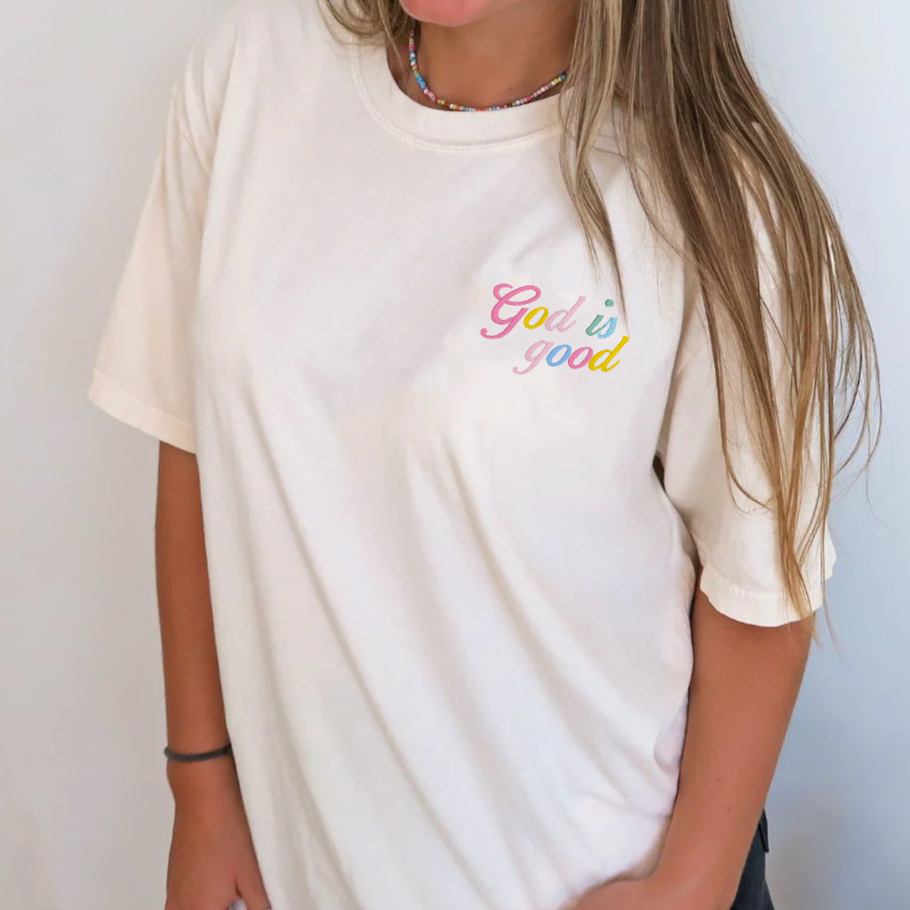 Rainbow God Is Good Embroidered Christian Comfort Colors Tee
