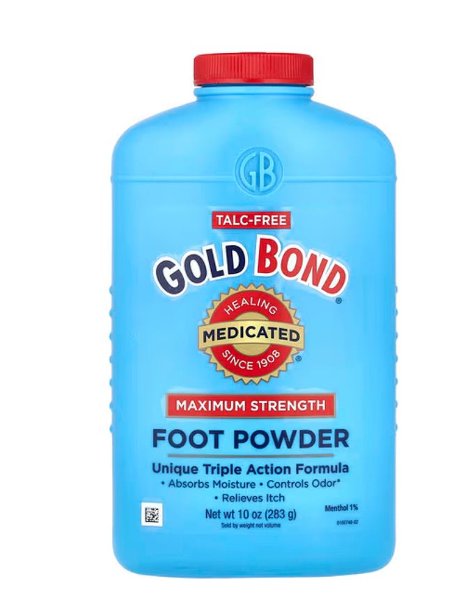 Gold Bond Medicated Talc-Free Foot Powder bottle for odor control and foot freshness