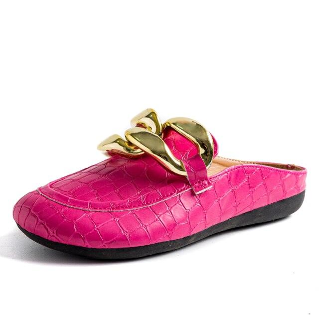 Gold Chain Detail Closed Toe Flat Mules Comfortable Slip-On Shoes