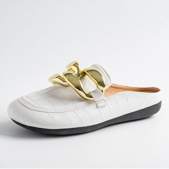 Gold Chain Detail Closed Toe Flat Mules Comfortable Slip-On Shoes