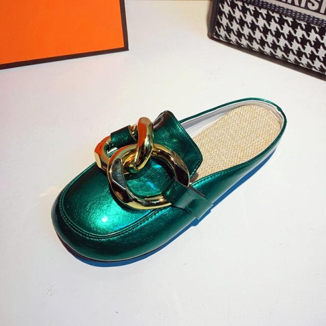 Gold Chain Detail Closed Toe Flat Mules Comfortable Slip-On Shoes