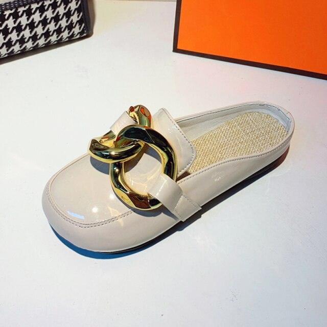 Gold Chain Detail Closed Toe Flat Mules Comfortable Slip-On Shoes