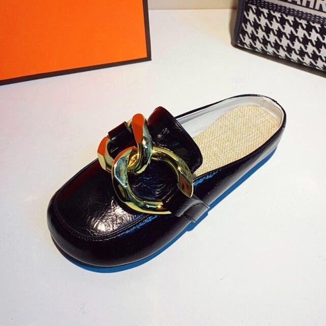 Gold Chain Detail Closed Toe Flat Mules Comfortable Slip-On Shoes