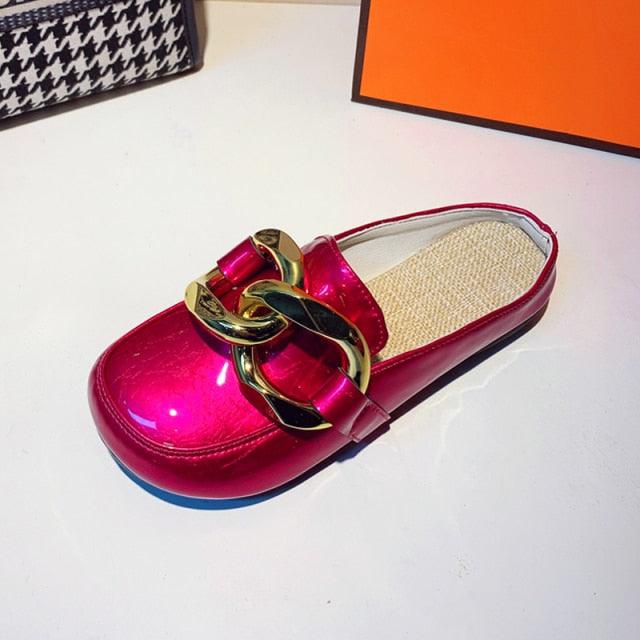 Gold Chain Detail Closed Toe Flat Mules Comfortable Slip-On Shoes