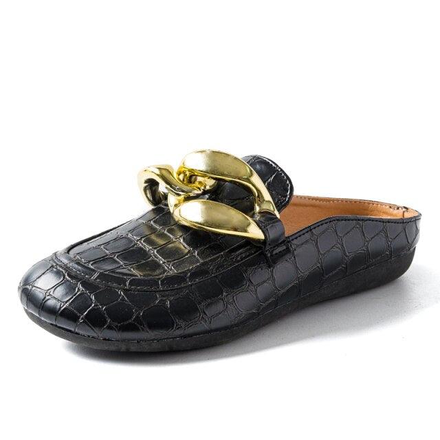 Gold Chain Detail Closed Toe Flat Mules Comfortable Slip-On Shoes