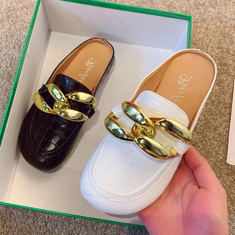 Gold chain accented closed toe flat mules for women in a slip-on style