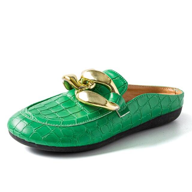 Gold Chain Detail Closed Toe Flat Mules Comfortable Slip-On Shoes