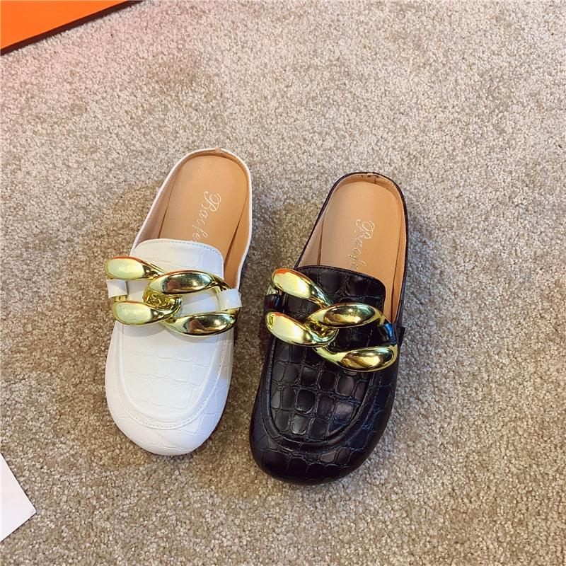 Gold Chain Detail Closed Toe Flat Mules Comfortable Slip-On Shoes