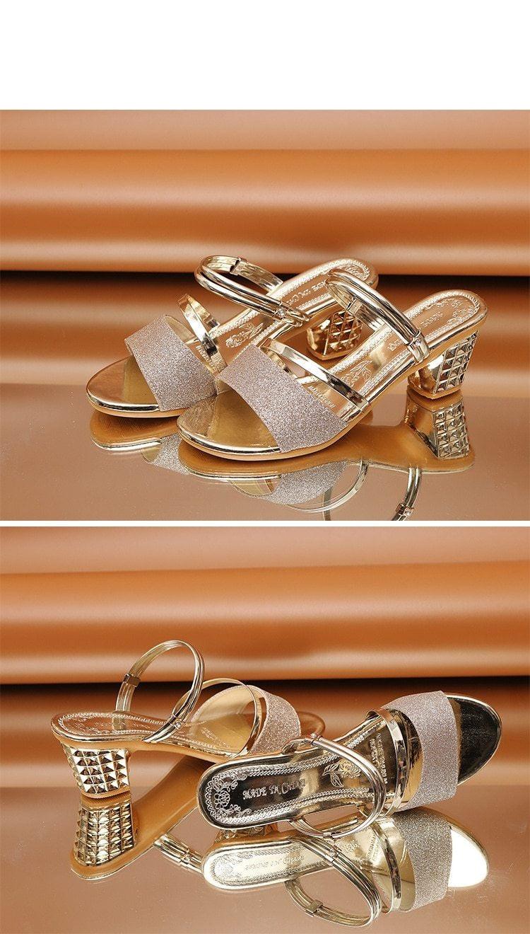 Gold Women’s Open Toe Ankle Strap Sandals Low Heel Party Shoes
