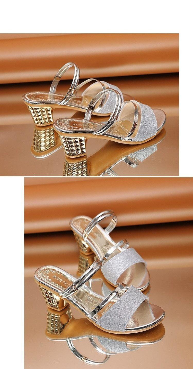 Gold Women’s Open Toe Ankle Strap Sandals Low Heel Party Shoes