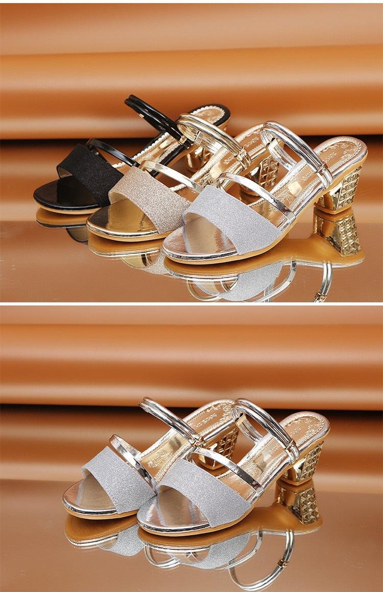Gold Women’s Open Toe Ankle Strap Sandals Low Heel Party Shoes