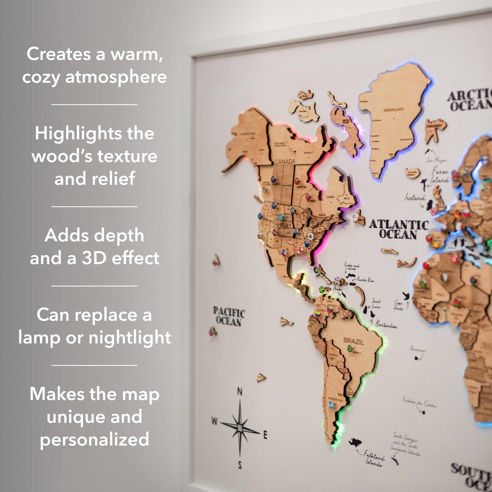 Gold LED 2.0 Wooden World Map on Board Wall Art