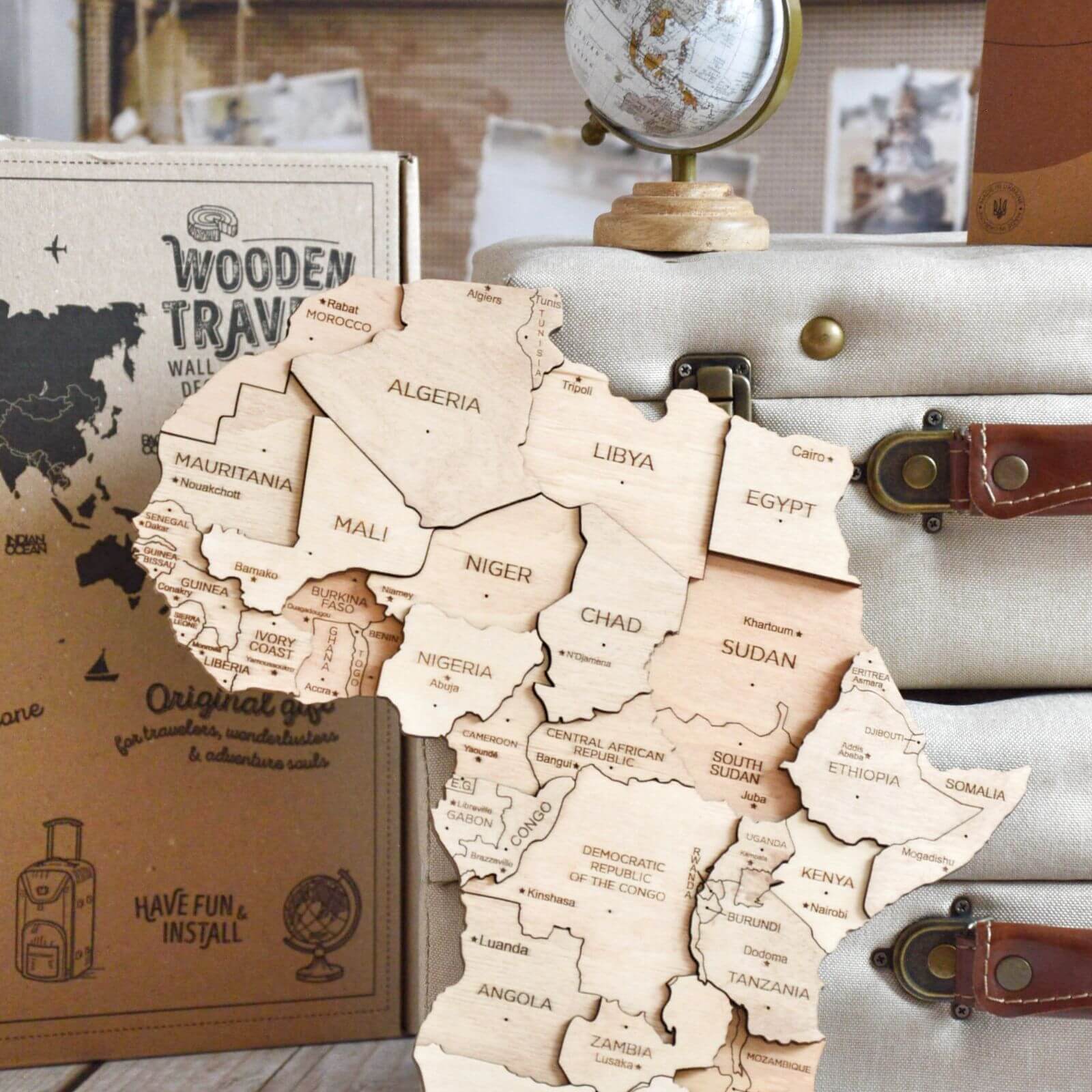 3D Wooden World Map Wall Decor with Customizable Flag Push Pins