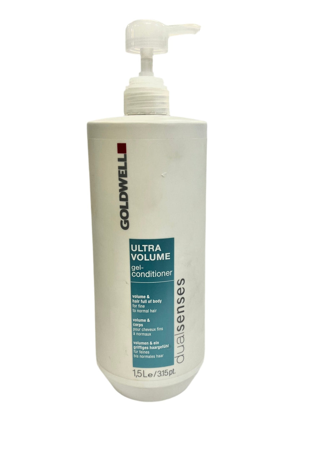 Goldwell DualSenses Ultra Volume Gel-Conditioner 1.5 Liter bottle in white and blue.
