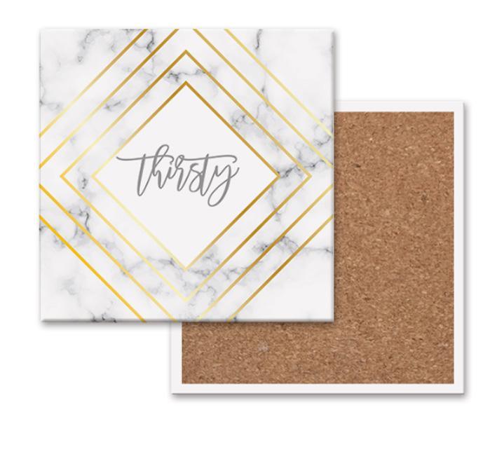 White Marble and Gold Geometric Ceramic Coasters with Cork Back - Image 2