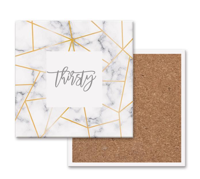 White Marble and Gold Geometric Ceramic Coasters with Cork Back - Image 3