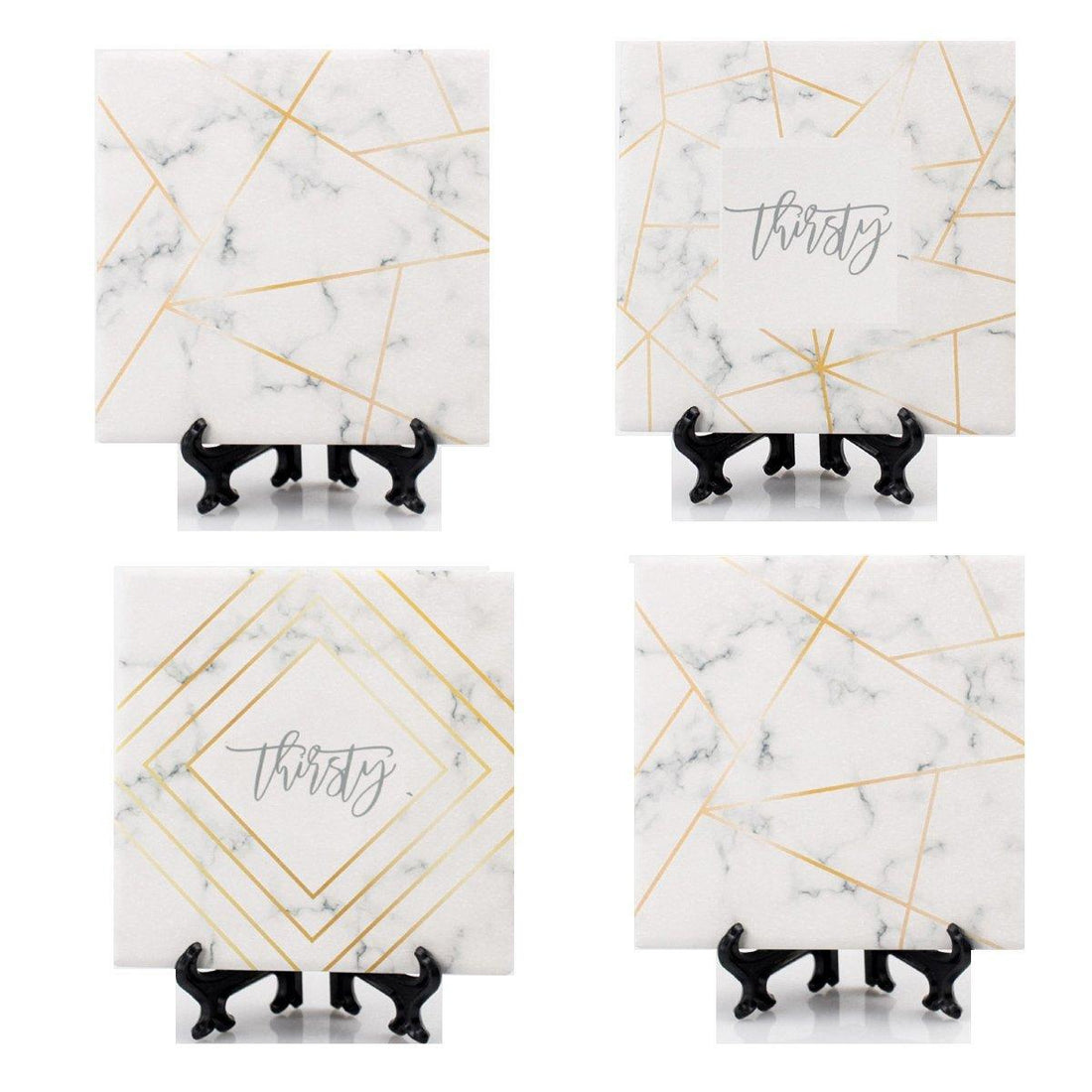 White Marble and Gold Geometric Ceramic Coasters with Cork Back - Image 4