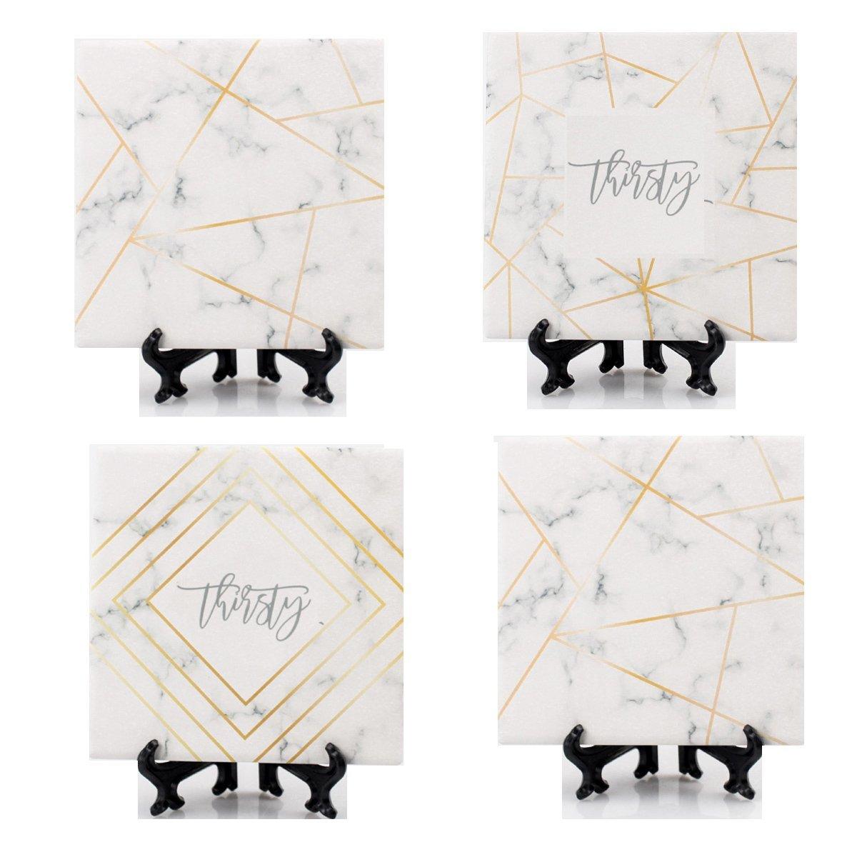 White Marble and Gold Geometric Ceramic Coasters with Cork Back - Image 4