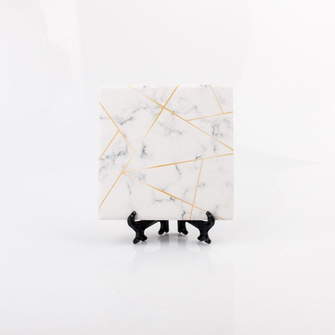 White Marble and Gold Geometric Ceramic Coasters with Cork Back - Image 6