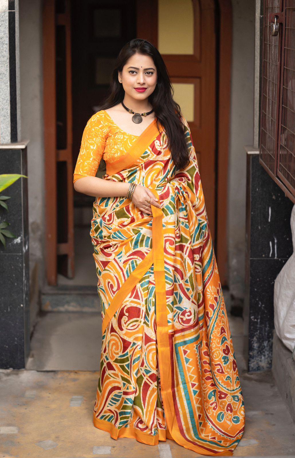 Mustard Cotton Crepe Batik Print Saree with Unstitched Blouse - Hiral Fashion