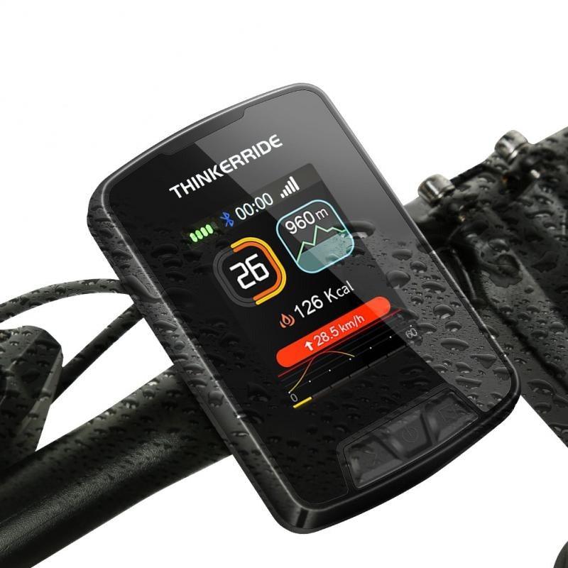 Stevvex wireless GPS bike computer with a large color LCD screen mounted on a bicycle handlebar.