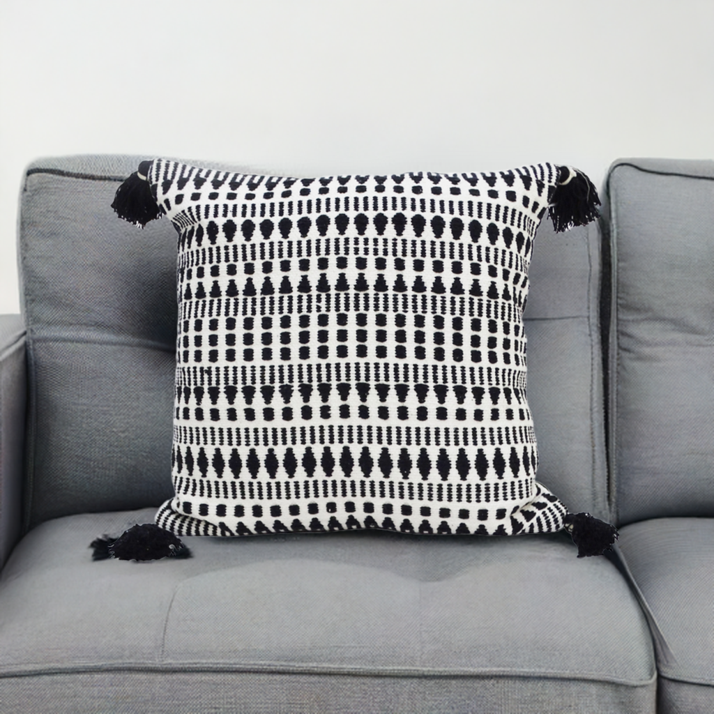 Black 22" X 22" Throw Pillow for couch with Tassels-Winter