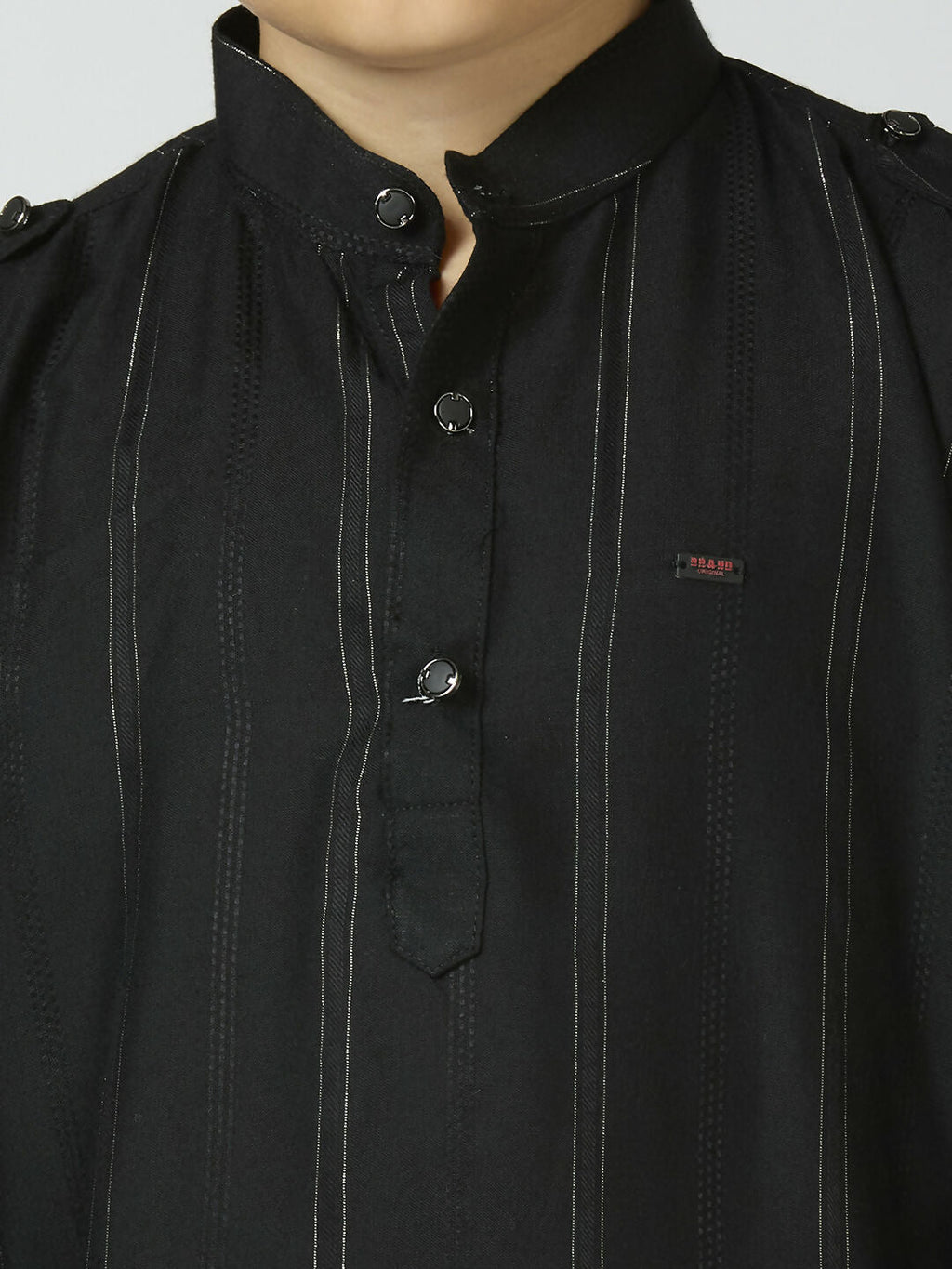 Boys Black Cotton Kurta and Pyjama Set with Striped Details