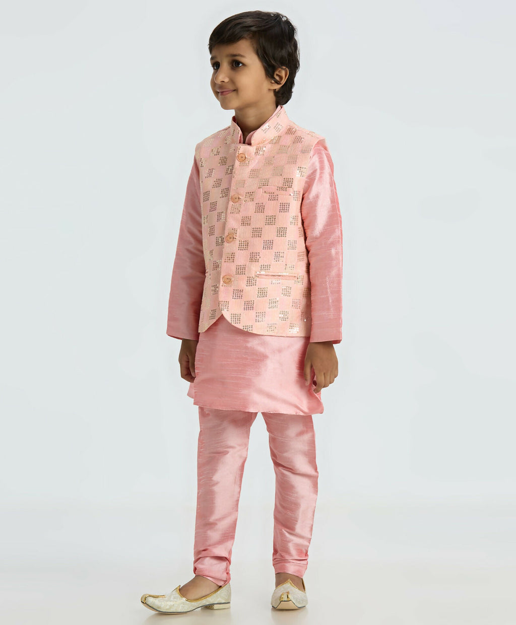 Kids Ethnic Kurta Pyjama Set with Sequin Nehru Jacket - Pink