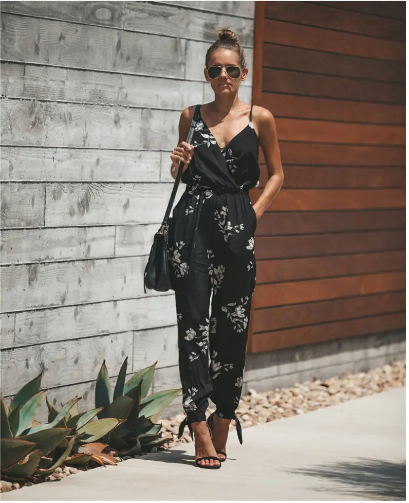 Women's V-Neck Floral Print Jumpsuit with Tie-Back and Cuffed Hem - Image 2
