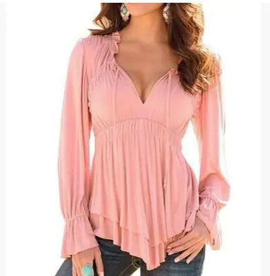 Women's Long Sleeve Dual Layer V-Neck Peplum Blouse - Image 10