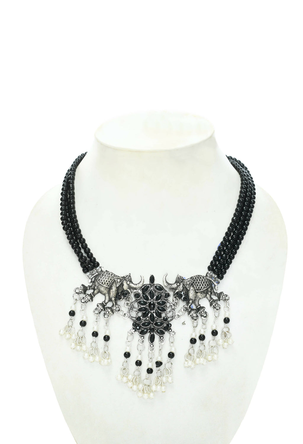 Elephant Design Oxidised Silver-Plated Long Choker (Black)