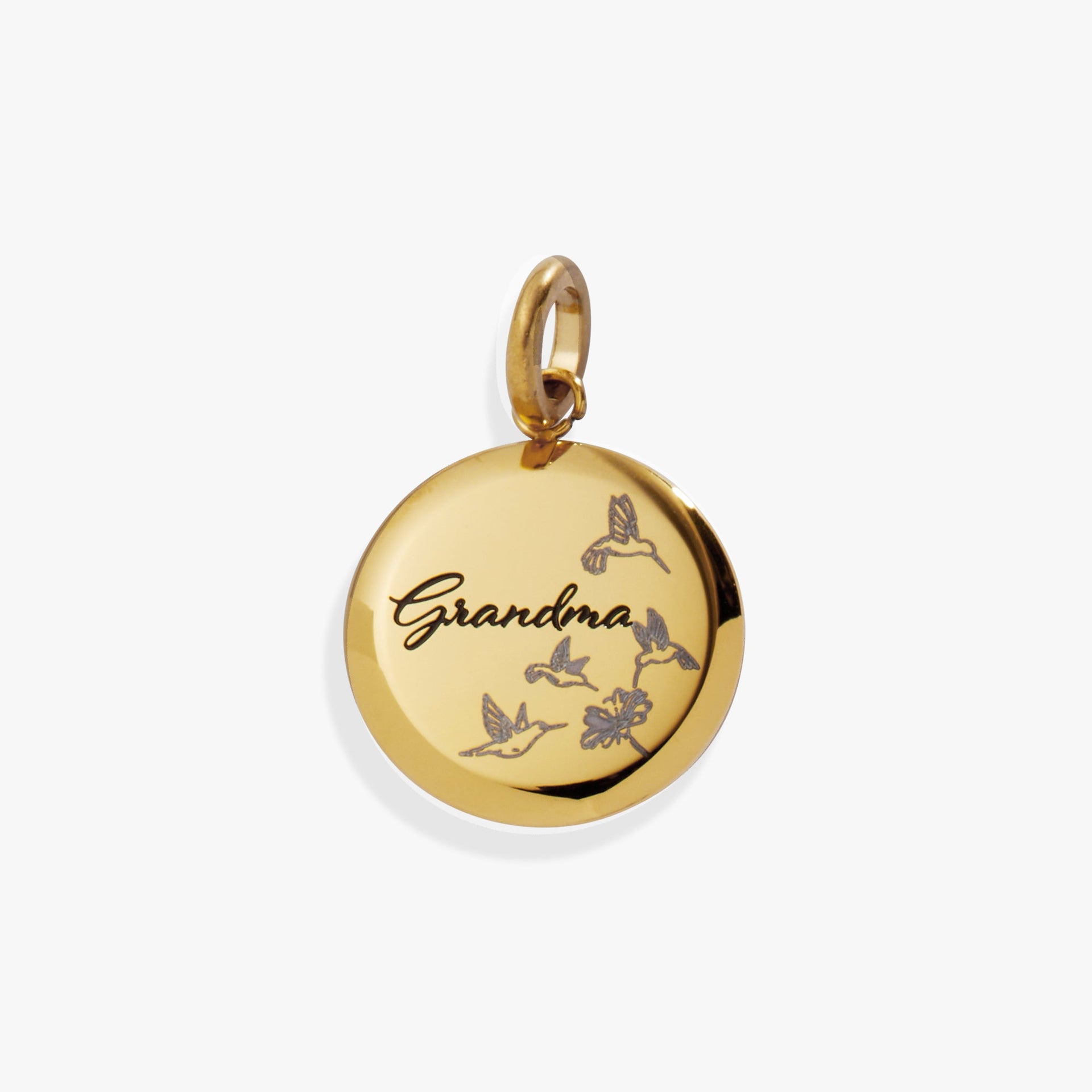 Grandma Hummingbird gold disc charm with engraved message and flush-set crystal accent