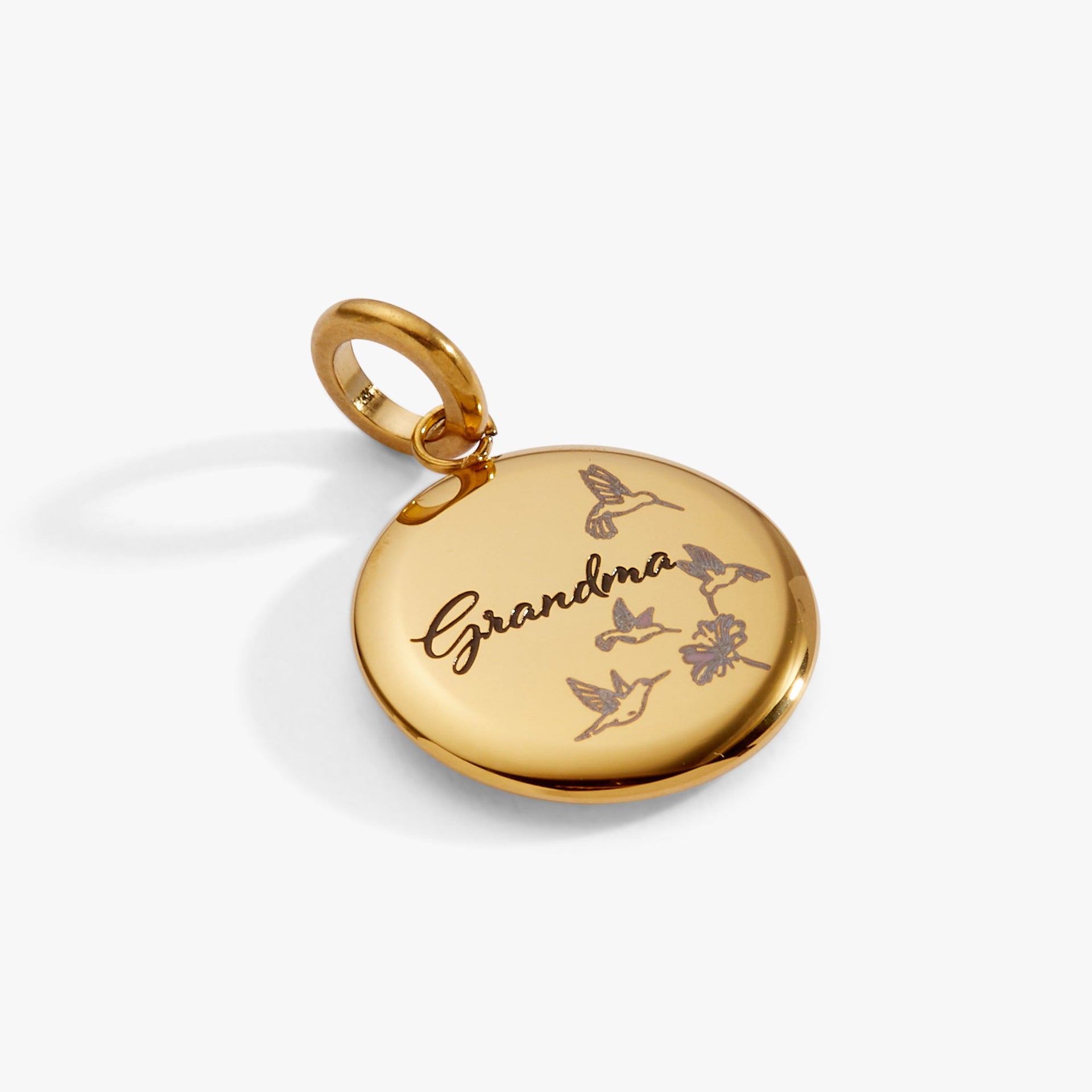 Grandma Hummingbird Disc Charm in Polished Gold with Crystal