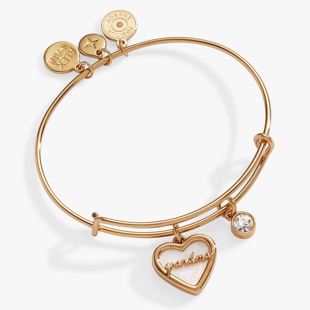 Alex And Ani Grandma expandable bangle with Mother of Pearl heart charm and clear crystal