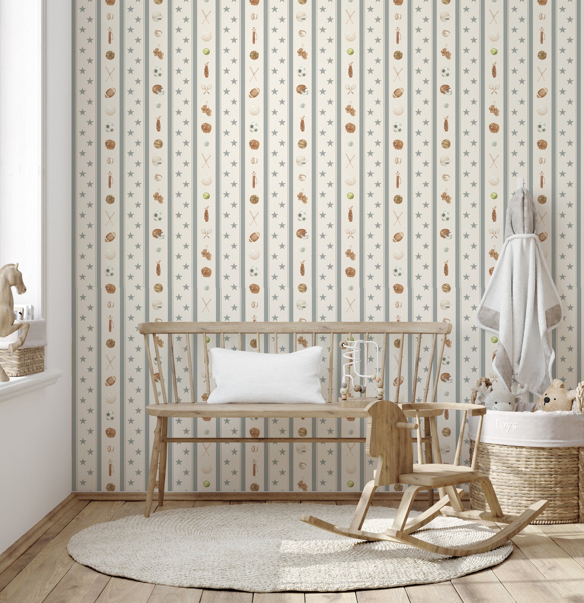 Lawson Striped Wallpaper in Cream, Blue and Brown for Nursery