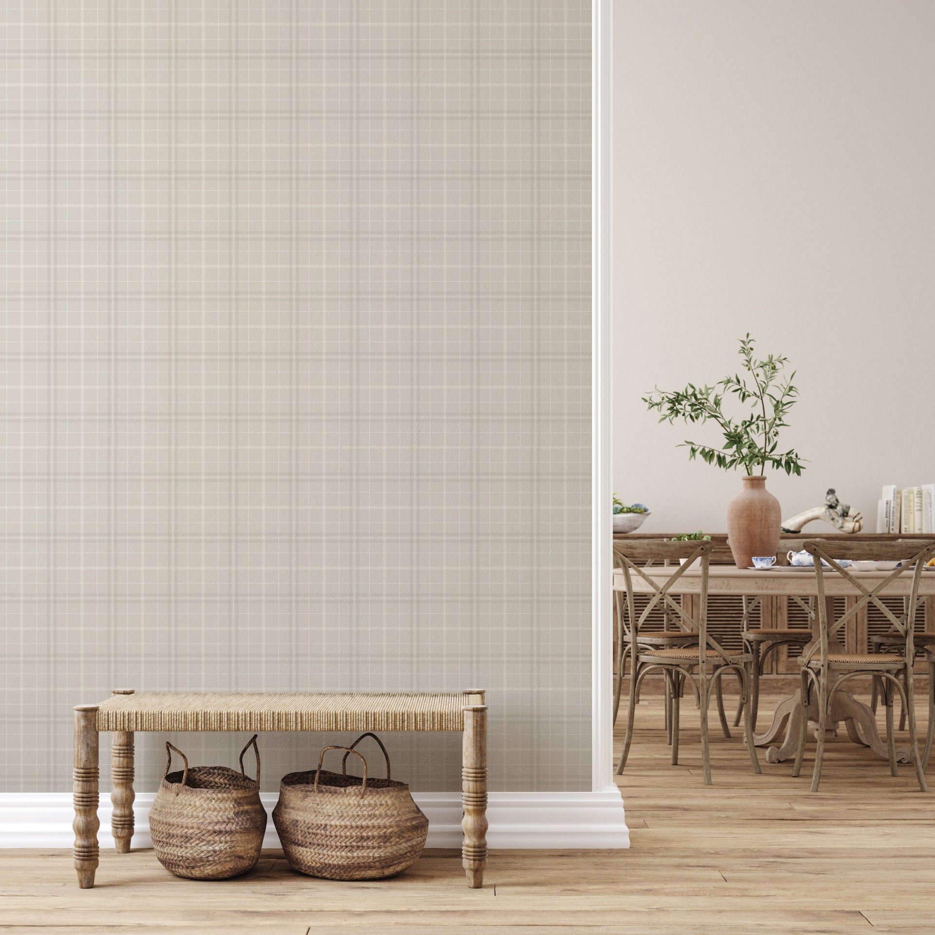 Alcott Plaid Wallpaper in Olive Green and Cream Farmhouse