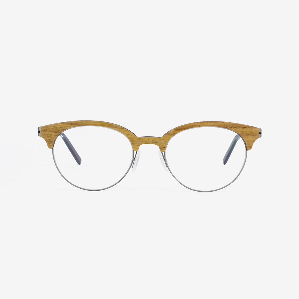 Grayton eyeglasses featuring a wood front frame and metal accents in a round silhouette.