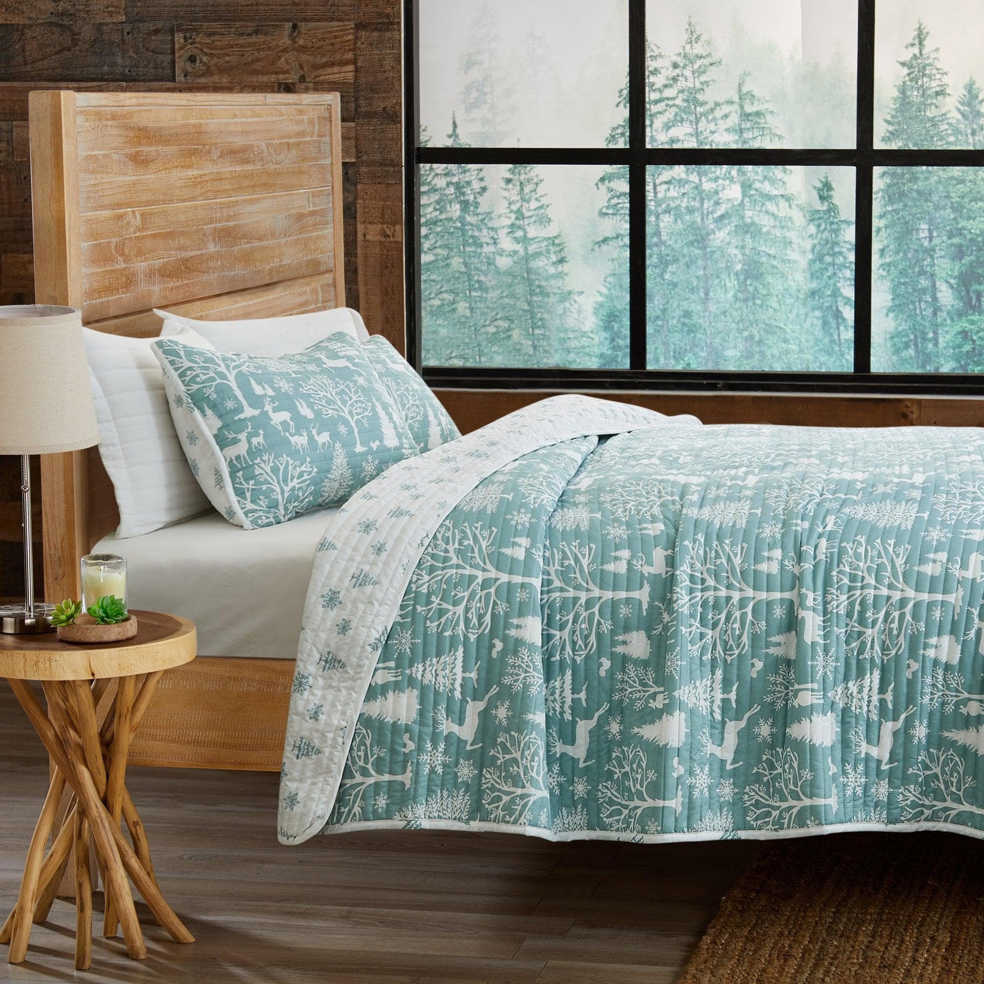 Winter Solstice Collection 3 Piece Lodge Woods Quilt Set Blue