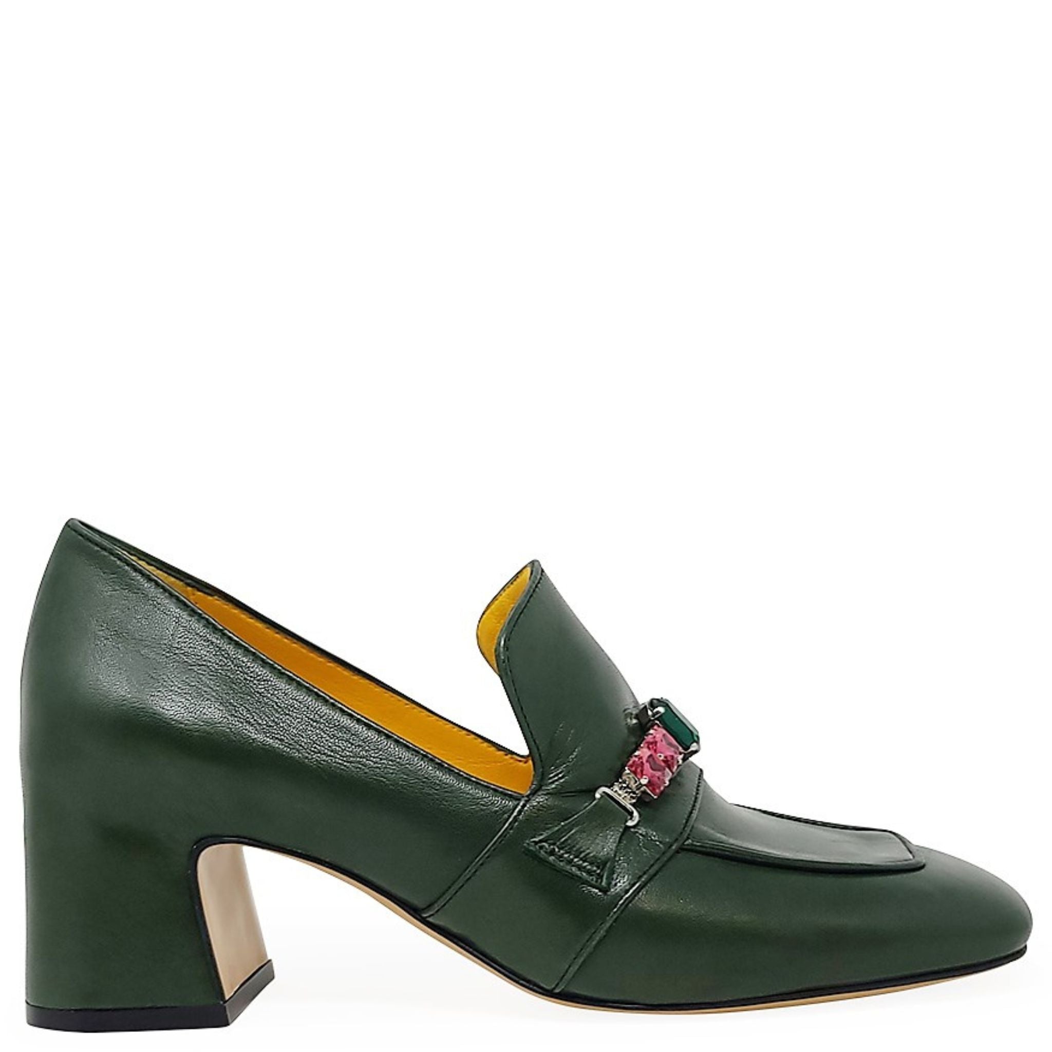 Green Leather Mid Heel Jeweled Loafer