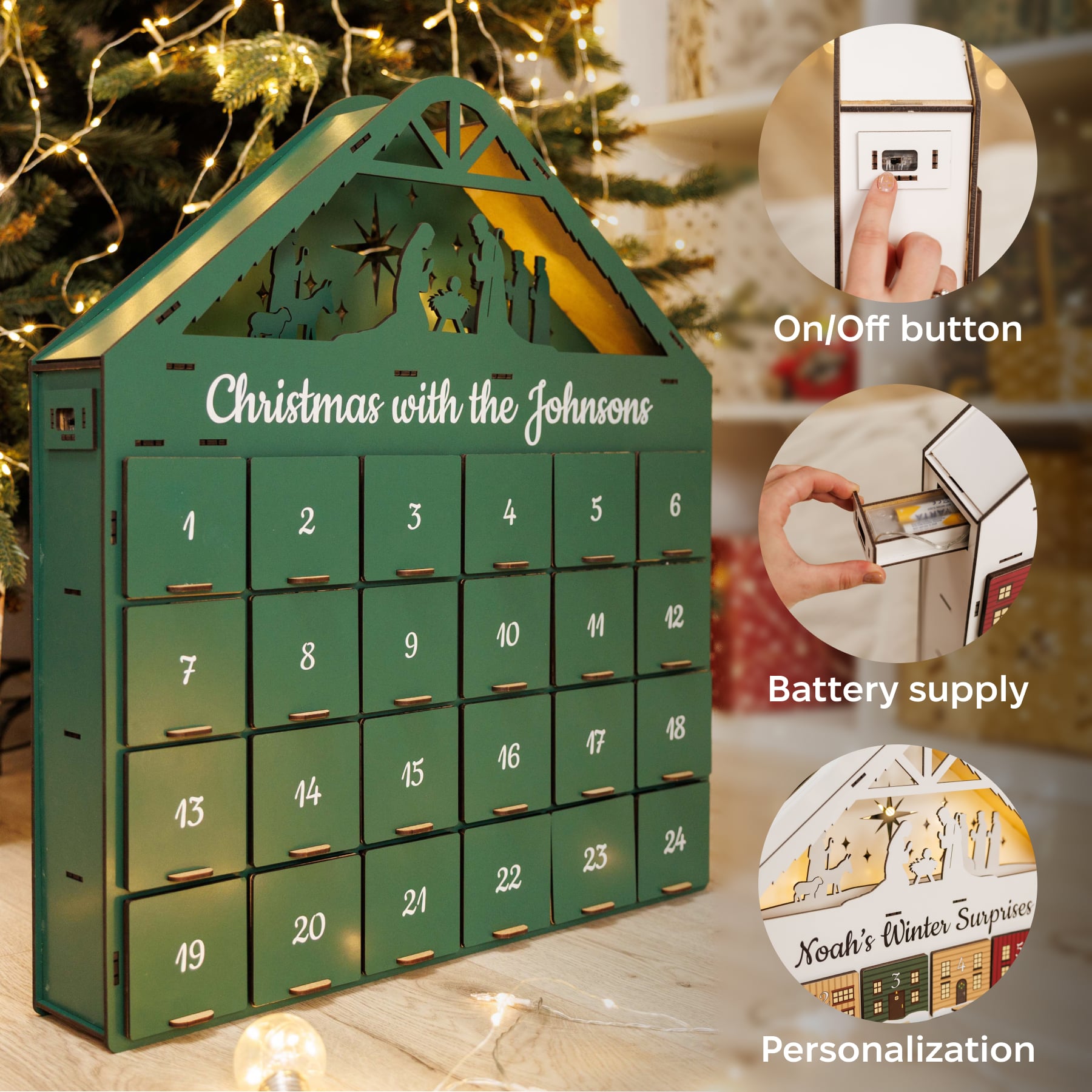 Wooden Christmas Advent Calendar with 24 Drawers - Green