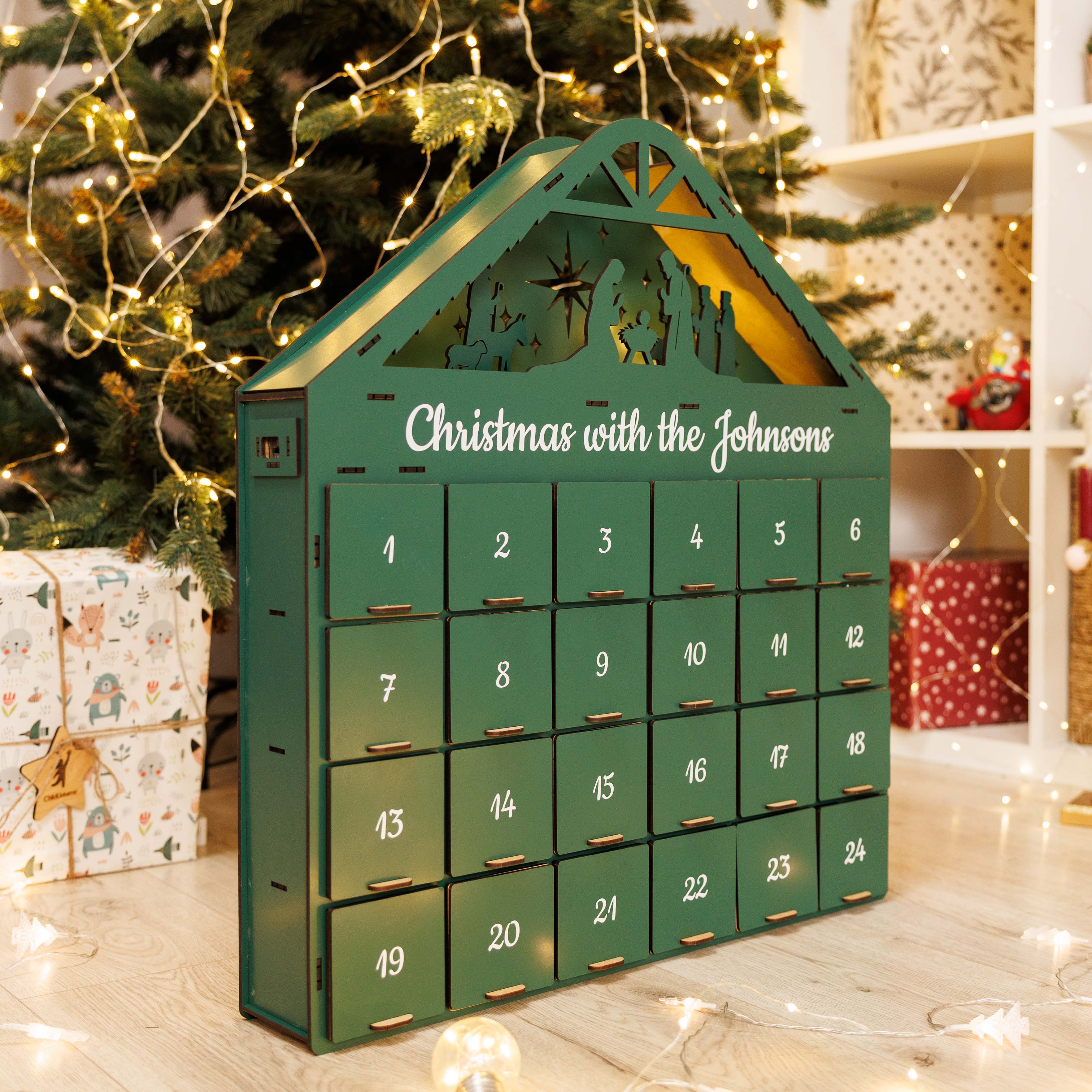 Wooden Christmas Advent Calendar with 24 Drawers - Green