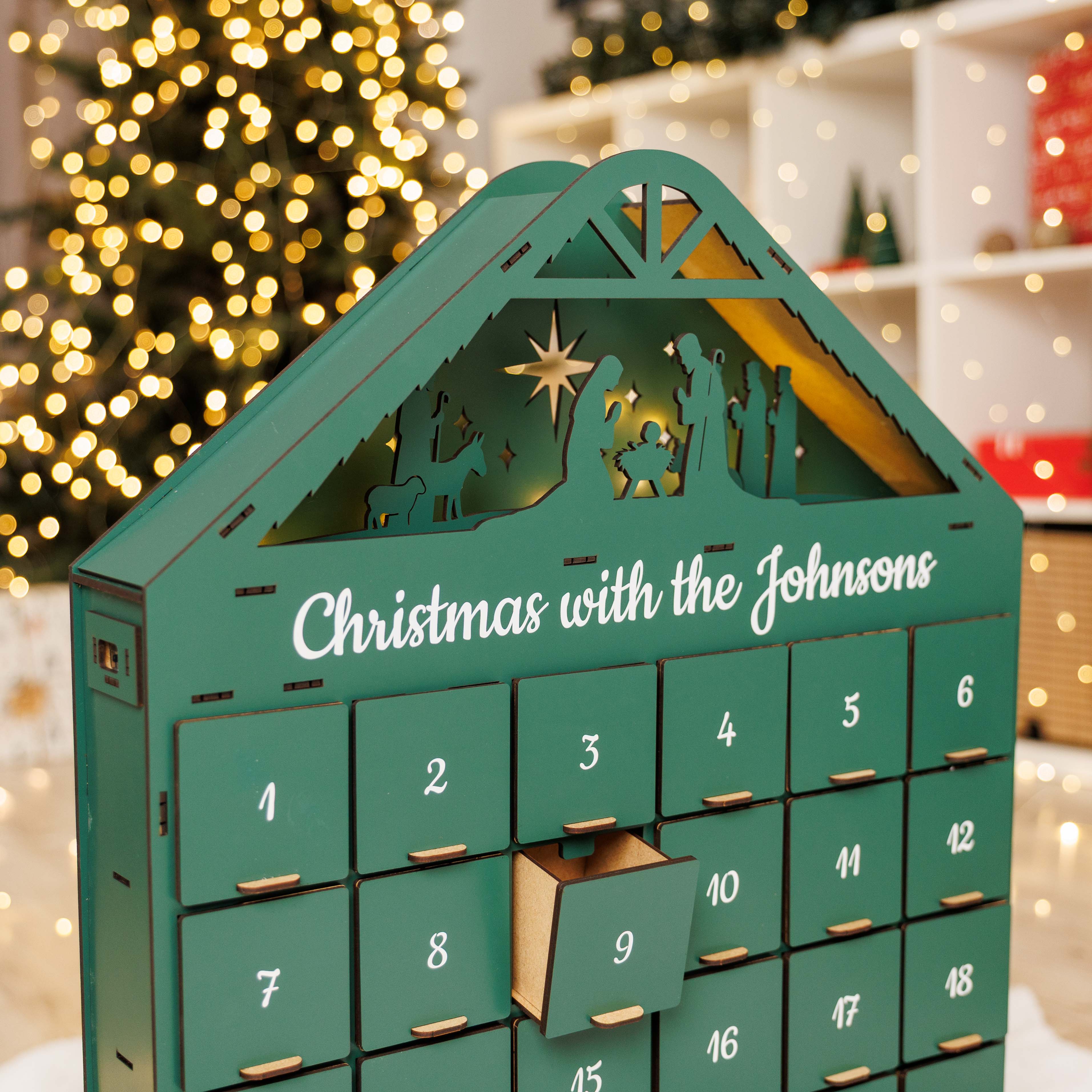 Wooden Christmas Advent Calendar with 24 Drawers - Green