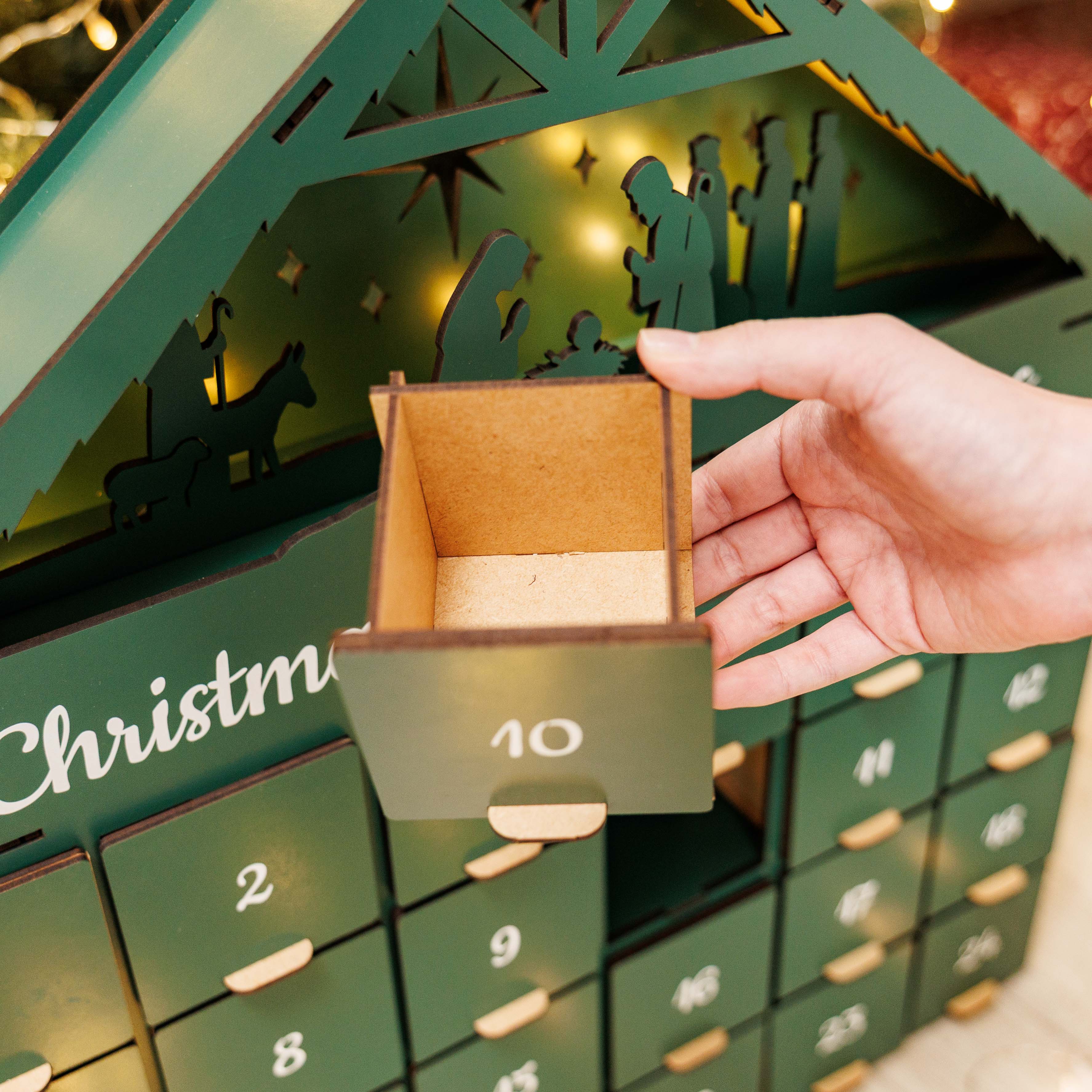 Wooden Christmas Advent Calendar with 24 Drawers - Green